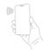 Hand with a smartphone, contactless payment or mobile banking, black outline, vector