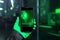 Hand smartphone green cyberpunk. Generate Ai