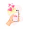 Hand with Smartphone Pressing Button for Sending Love Email Vector Illustration