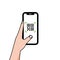 Hand with smartphone vector icon sticker, qr code scanning . concept of technology for instant payment or tech pay method
