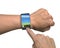 Hand with smartwatch and finger touch colorful screen