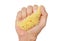Hand squeezing natural sponge  on white background