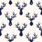 Hand-Stamped Dark Blue Textured Silhouettes of a Deer Head White Background Vector Seamless Pattern