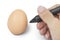 A hand start to draw something on the egg, isolated on white background, clipping path