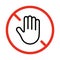 Hand stop symbol, gesture of prohibition icon. Limit sign. Gesture no. Danger to touch. Icon of palm in red restriction