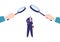 Hand in suit hold magnifying glass, concept businessman character under control flat vector illustration, isolated on