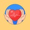 Hand take care heart beat healthy vector outline cartoon style illustration