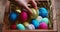 Hand take golden easter egg from abundance colourful painted festive eggs in wooden box, close up video