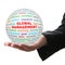 Hand take white ball with red inscription global marketing