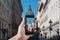 Hand taking photo of famous landmark and travel destination in Budapest, Hungary by mobile smart phone