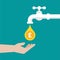 Hand with tap or faucet with golden pound sterling coin. Money resource, passive income concept