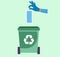 Hand throwing away used protective face mask in trash bin. Greengarbage bin for biohazard waste. Safely dispose used surgical mask