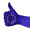 Hand with thumb up, European Union flag painted as a symbol of excellence, achievement, good