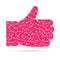 Hand thumbs up. Red icon of likes filled of symbols of social media network activity. Notification of likes, comments