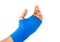 Hand tied blue elastic bandage