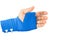 Hand tied blue elastic bandage