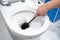 Hand toilet brush cleans disinfects toilet bowl restroom Apartment cleaning