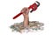 Hand with a tool with a gas wrench on a background of money