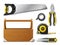 Hand tools. Realistic repairman instruments and wooden storage box, construction tape measure, cutter and saw, pliers