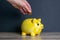 Hand tosses coin into yellow piggy bank, piggy bank is on a stack of books