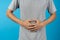 Hand touch in the stomach has abdominal pain or chronic gastritis. Man suffer from belly ache. Stomach Pain and Colon cancer Conce