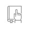 Hand touches a book line icon. Reading book, online library symbol