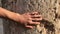 Hand touching ancient ruins of old roman city, travel concept, history architecture, civilisation landscape