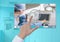 Hand touching Medical Operation Video Player App Interface