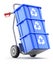 Hand truck with blue plastic recycle crate