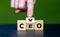 Hand turns cubes and changes the abbreviation CEO (chief executive officer) to CVO (Chief Visionary Officer
