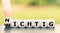 Hand turns dice and changes the German word `wichtig` `important` to `nichtig` `unimportant`.