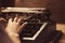 Hand on a typewriter on a wooden background. Retro style