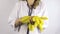 Hand uncover large yellow rubber glove and pick neck stethoscope