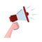 Hand using megaphone protest device isolated icon