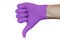 Hand in violet medical glove showing disapproval thumbs down sign isolated on white background