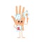 Hand washes arm. Human body part cleaning itself with soap foam and brush. Hygiene mascot. Isolated character with cute