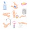 Hand Washing and Cleansing Using Soap and Antibacterial Wet Wipes Vector Illustrations Set