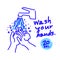 Hand washing with hygiene soap. Hand drawn in thin line style, vector illustration