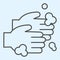 Hand washing with soap thin line icon. Hands Disinfection outline style pictogram on white background. Coronavirus