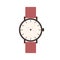 Hand watch design with leather bracelet and round quartz dial. Analog wristwatch with arrows, chronograph. Wrist clocks