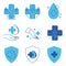 Hand with water drop and medical cross. Medically approved labels. Clinically tested insignia stamp. Antibacterial icons. Skin