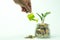 Hand watering plant with coins in glass jar for idea,saving money glowing business concept.