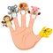 Hand wearing 5 animal finger puppets