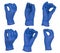 Hand wearing blue nitrile examination glove makes pinch gesture, with fingers pressed together