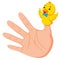 Hand wearing a duck finger puppet on thumb