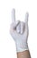 Hand wearing medical glove show rock symbol