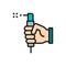 Hand with welding torch, welder tools flat color line icon.