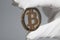 Hand in White Glove holds Golden Bitcoin Crypto Currency .Mining concept.