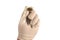 Hand in white glove holds one bullet in fingers. Isolated closeup on white background. Concept of crime investigation, ballistics