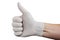 Hand in white medical glove showing approval thumbs up sign isolated on white background